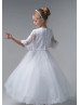 Beaded Elbow Sleeves White Lace Tulle Flower Girl Dress